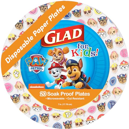 Glad for Kids Paw Patrol Emoji Paper Dispososable Plates | Heavy Duty Disposable Paper Plates, Paw Patrol Emojis 7" Round Plates 20ct| Kids Birthday Party Supplies