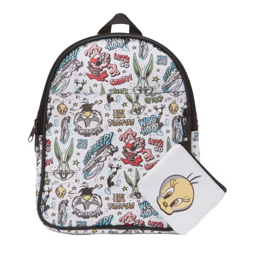 Looney Tunes All Over Print Faux Leather 10.5" Women’s White Mini Backpack Purse 2-Piece Set