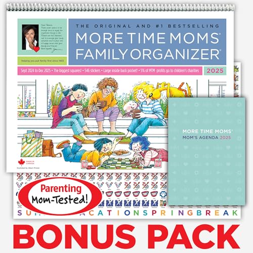 More Time Moms 2025 Family Organizer Bonus Pack with spiral bound 16 month wall calendar and bonus Mom's Agenda Personal Planner, 15x22 inches, September 2024 to December 2025