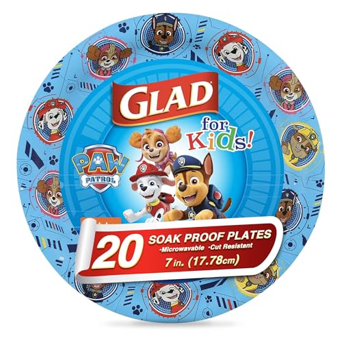 Glad for Kids Paw Patrol Paper Plates, Disposable Paw Patrol Plates for Kids, Heavy Duty Soak Proof Microwavable Paper Plates, Core Pups Blue 7 Inch Round Plates 20ct, Paw Patrol Birthday