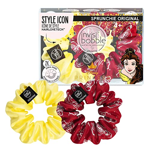 invisibobble Sprunchie Spiral Hair Ring – Disney Princess Belle- 2 Pack- Scrunchie Stylish Bracelet, Strong Elastic Grip Coil Accessories for Women - Gentle for Girls Teens and Thick Hair