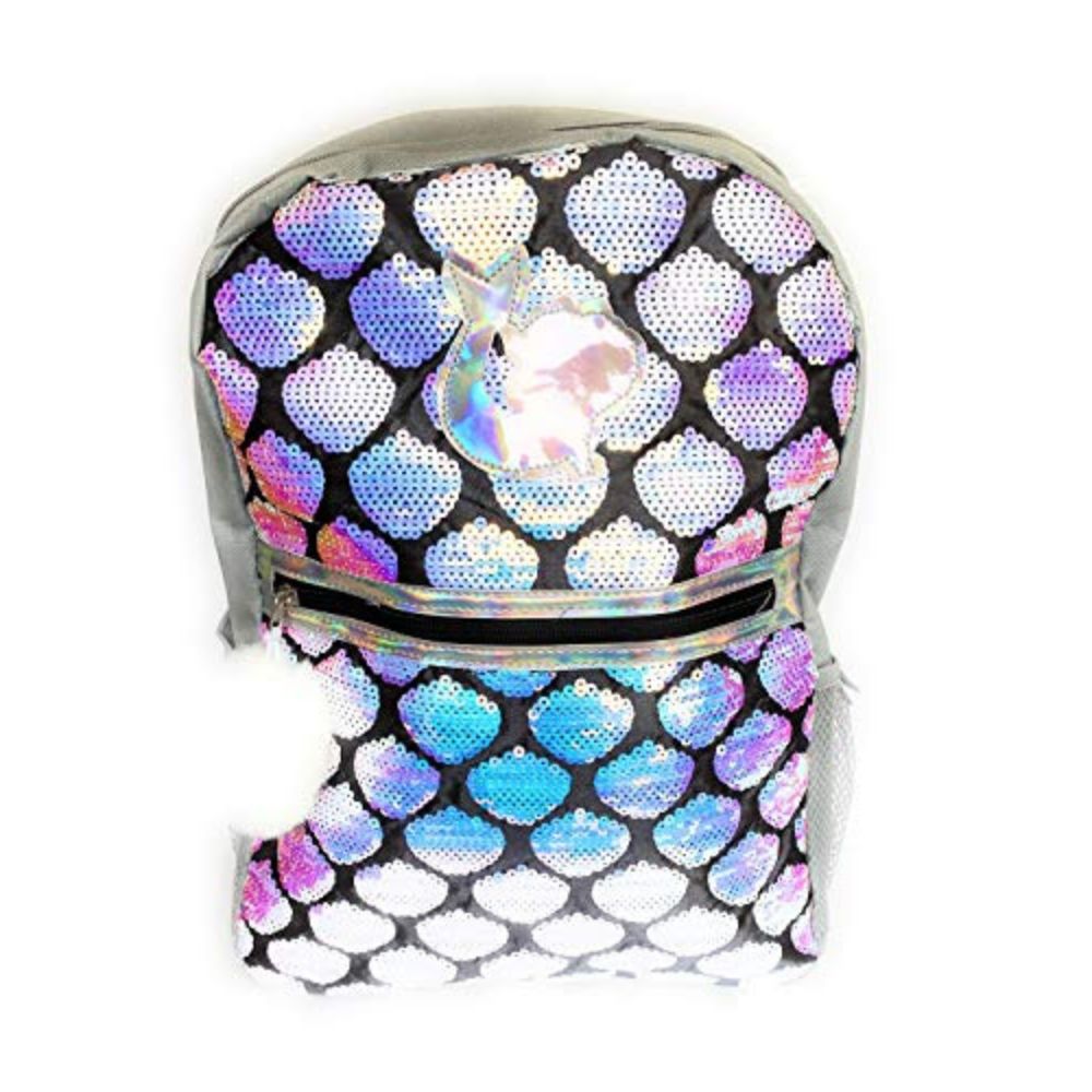 Mermaid Sequin Backpack for Girls, Silver, 16" x 12" x 5"