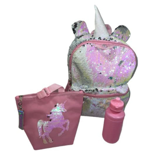 Sapphire Blue 16 Inches Flip It Reversible Sequins - Unicorn Backpack with Lunch Kit Water Bottle and Key Chain (4 Pieces Set) (Pink)